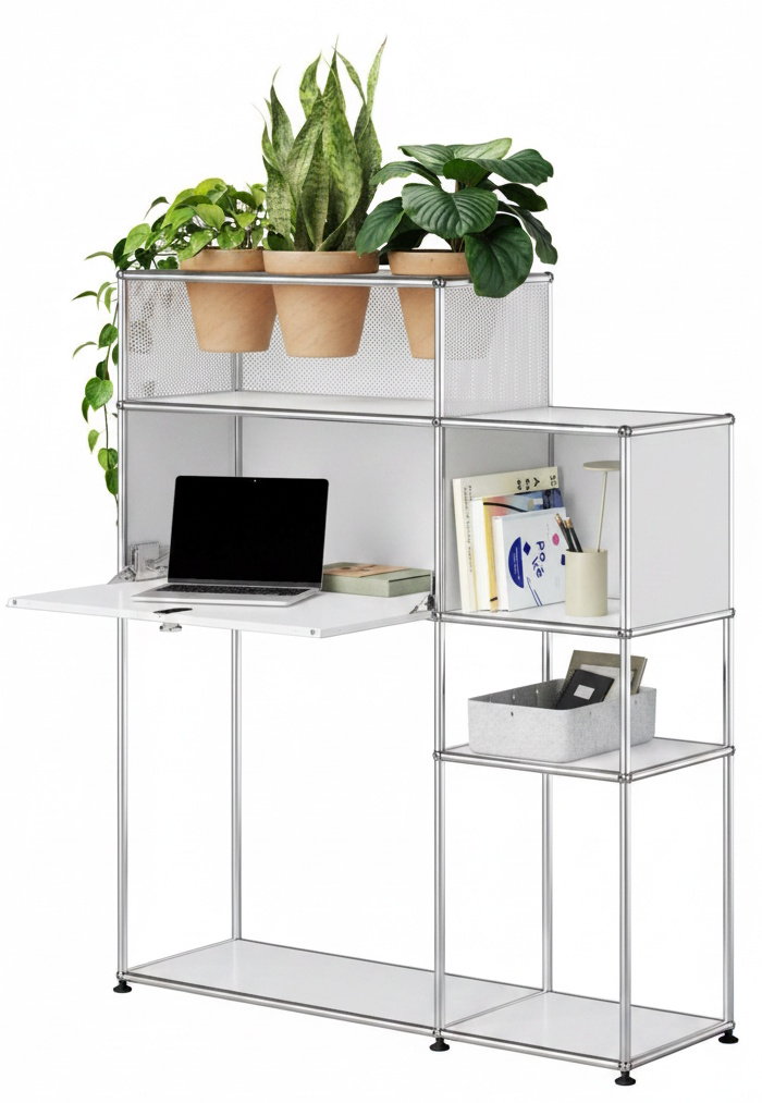 Home Office mit Pflanzenelement USM Haller Reinweiss