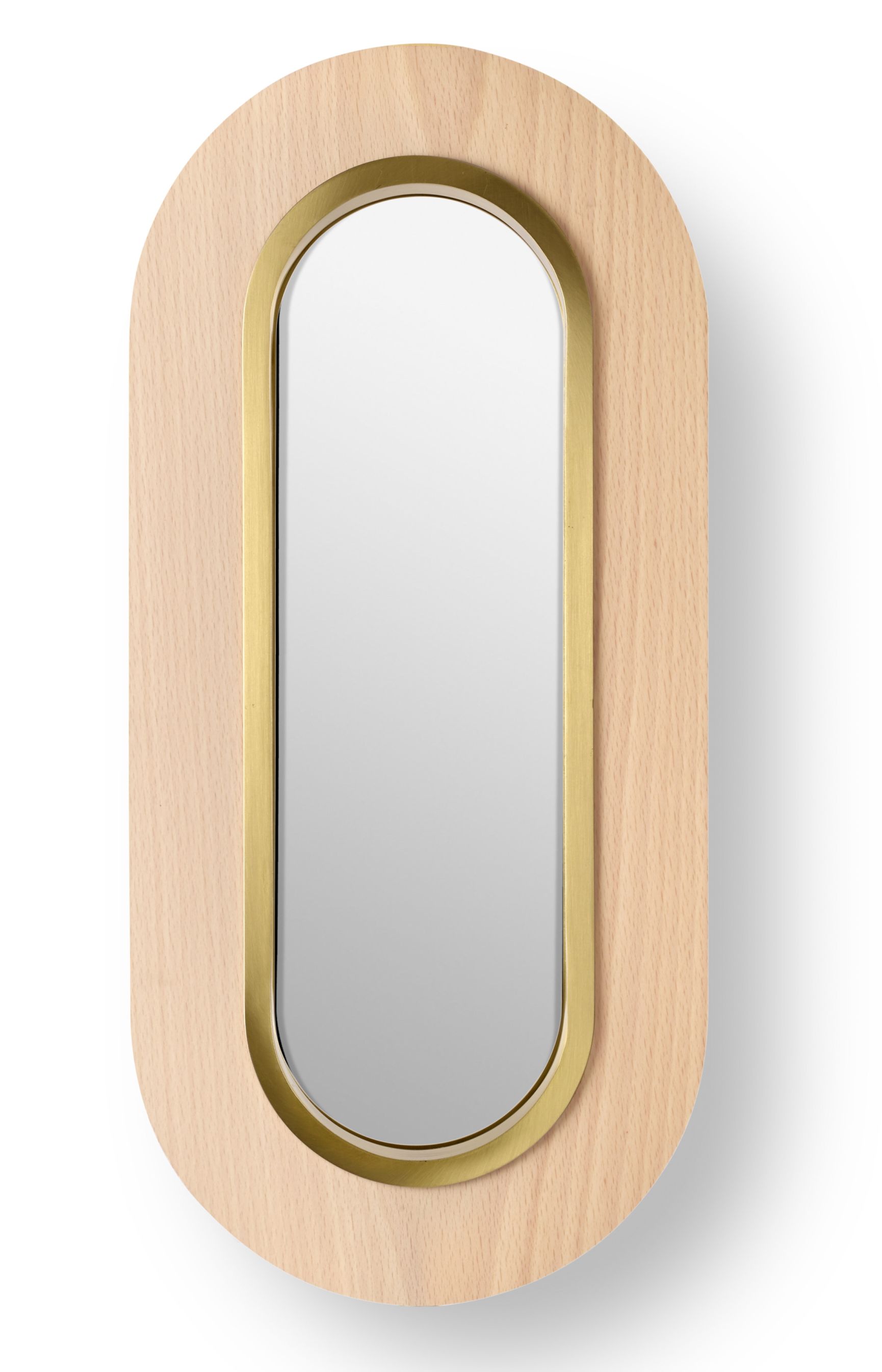 Lens LED Wandleuchte von LZF Lamps: Ovale Lampe mit Goldring und Buchenholzrahmen.