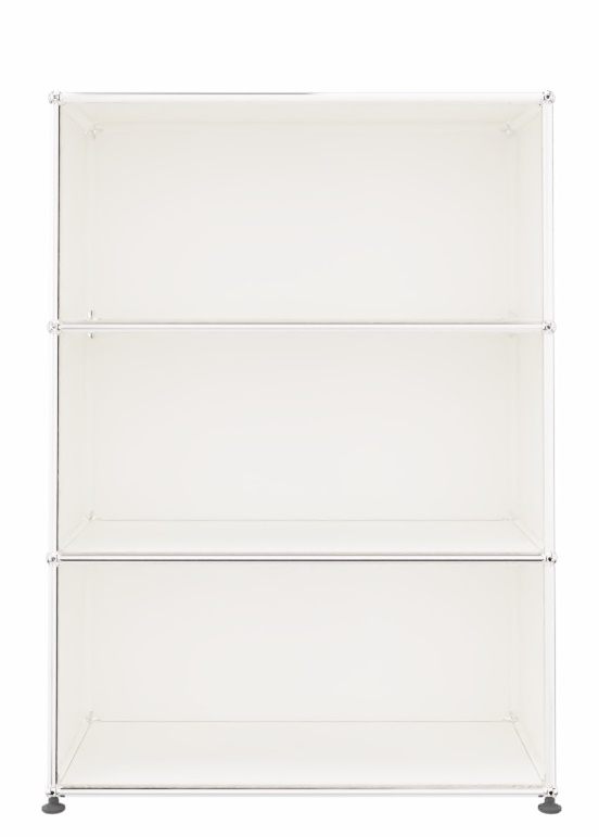 Weißes, offenes USM Haller Highboard mit zwei Fächern und verchromten Verbindungsrohren für modulare Büromöbel.