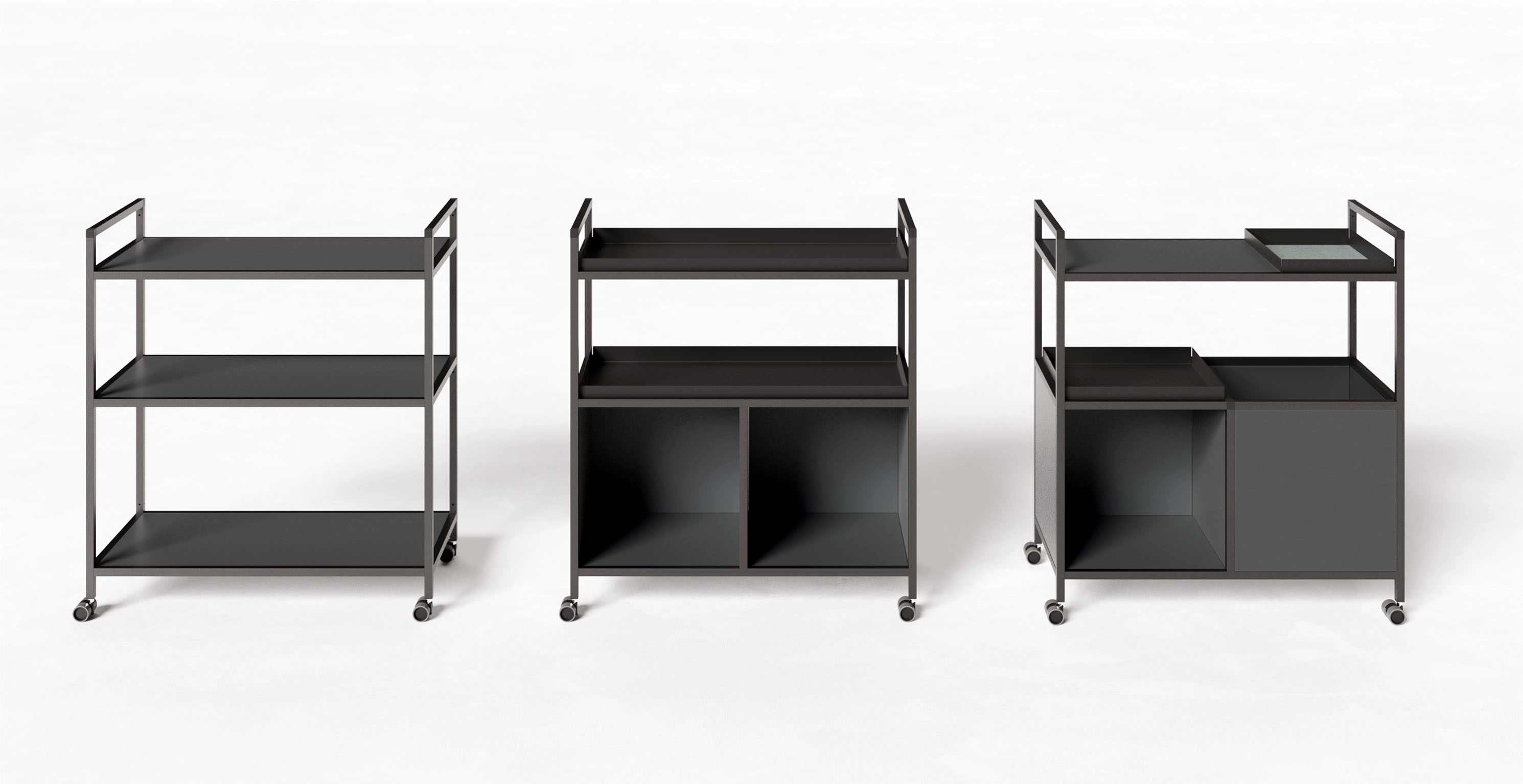 P4 Servierwagen von Palmberg in verschiedenen Ausführungen: offen mit Regalböden und geschlossen mit Stauraum.