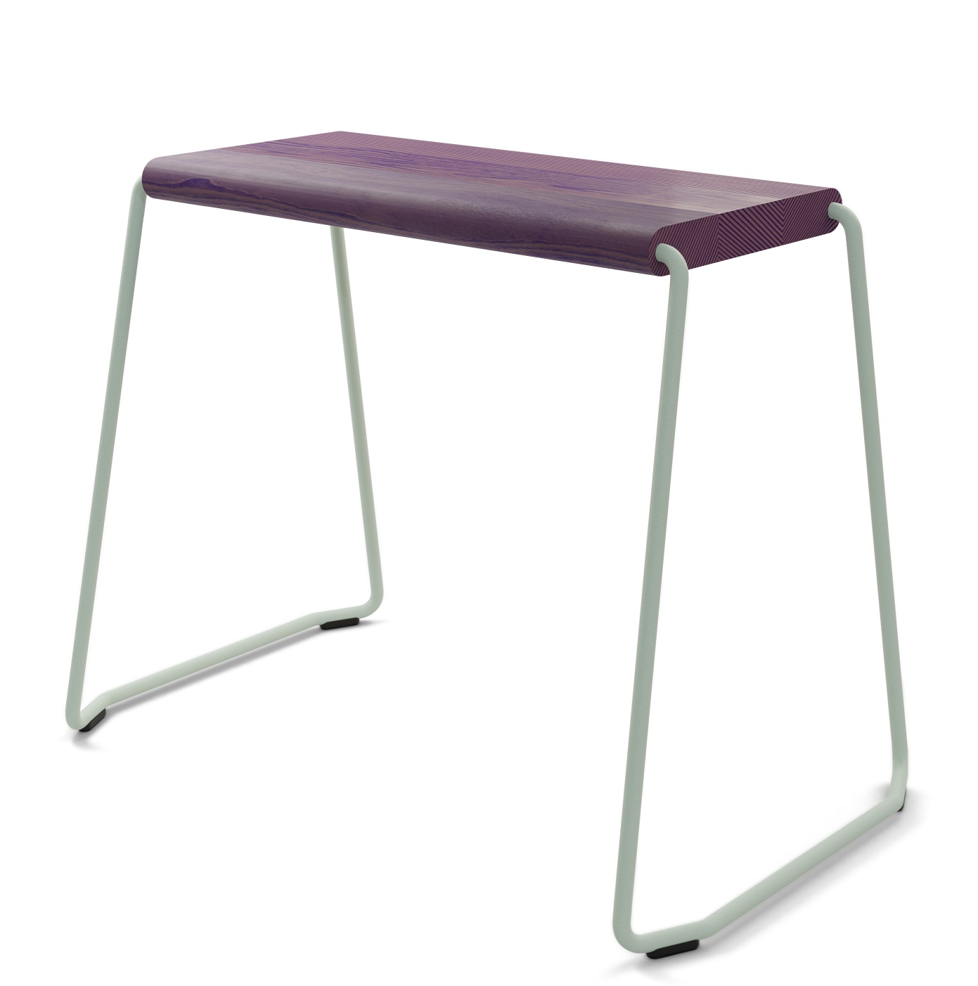 D:003 Beistellhocker Ultraviolett Fuchs & Habicht: Moderner Hocker mit violetter Holzplatte und hellgrünem Metallgestell.