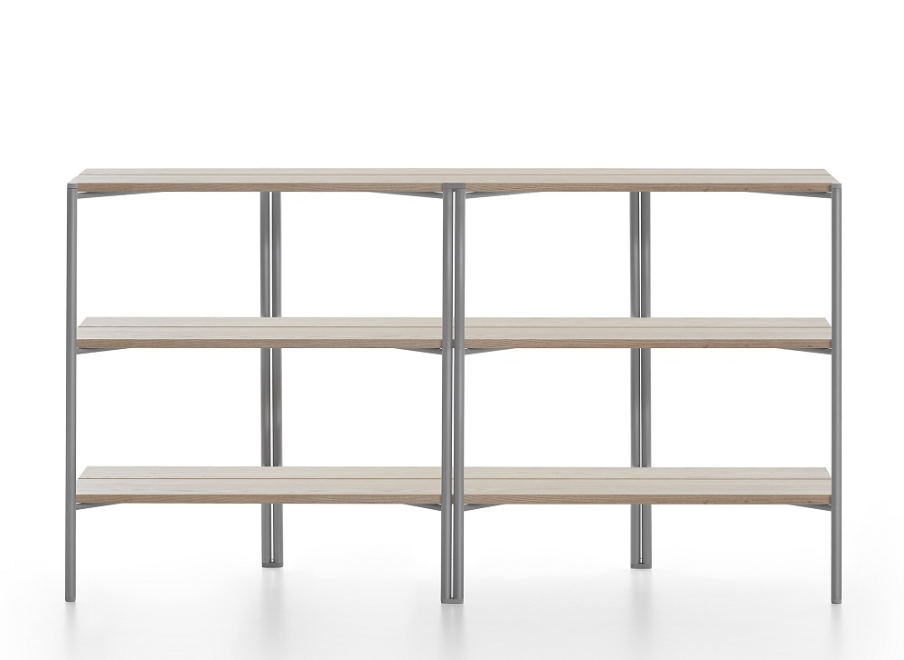 Emeco Run Shelf Regal mit drei Ebenen und grauem Metallgestell, modernes Design.