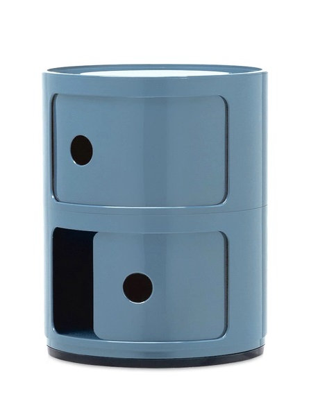 Blauer Kartell Componibili Container mit zwei Elementen, runder Nachttisch aus Kunststoff, modernes Design.