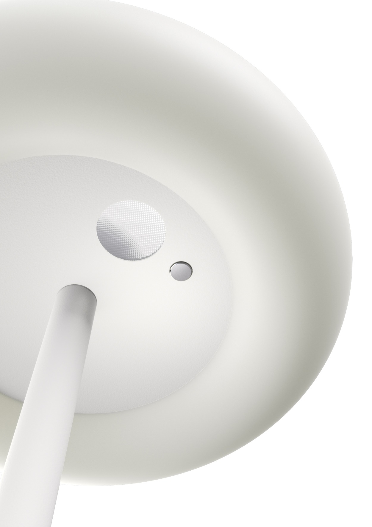 Detailaufnahme der weißen Oto Stehleuchte von Belux mit warmweißem Licht (3000K).