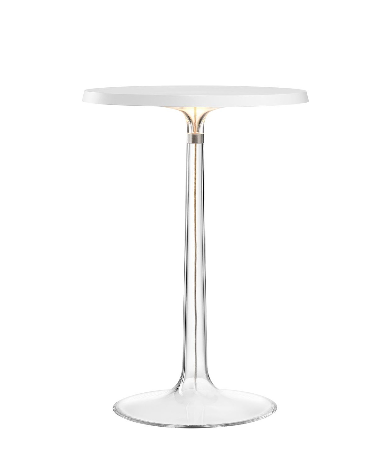 Weiße Bon Jour Tischleuchte von Flos mit transparentem Fuß für moderne Beleuchtung im Wohnraum.