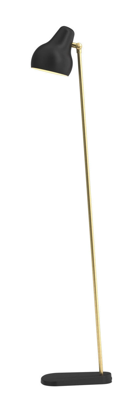 Schwarze VL38 Stehleuchte von Louis Poulsen mit goldenem Gestell, modernes Design für Wohnzimmer und Büro.