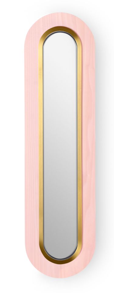 Lens LED Wandleuchte von LZF Lamps: Ovale, hellrosa Leuchte mit goldenem Metallring.