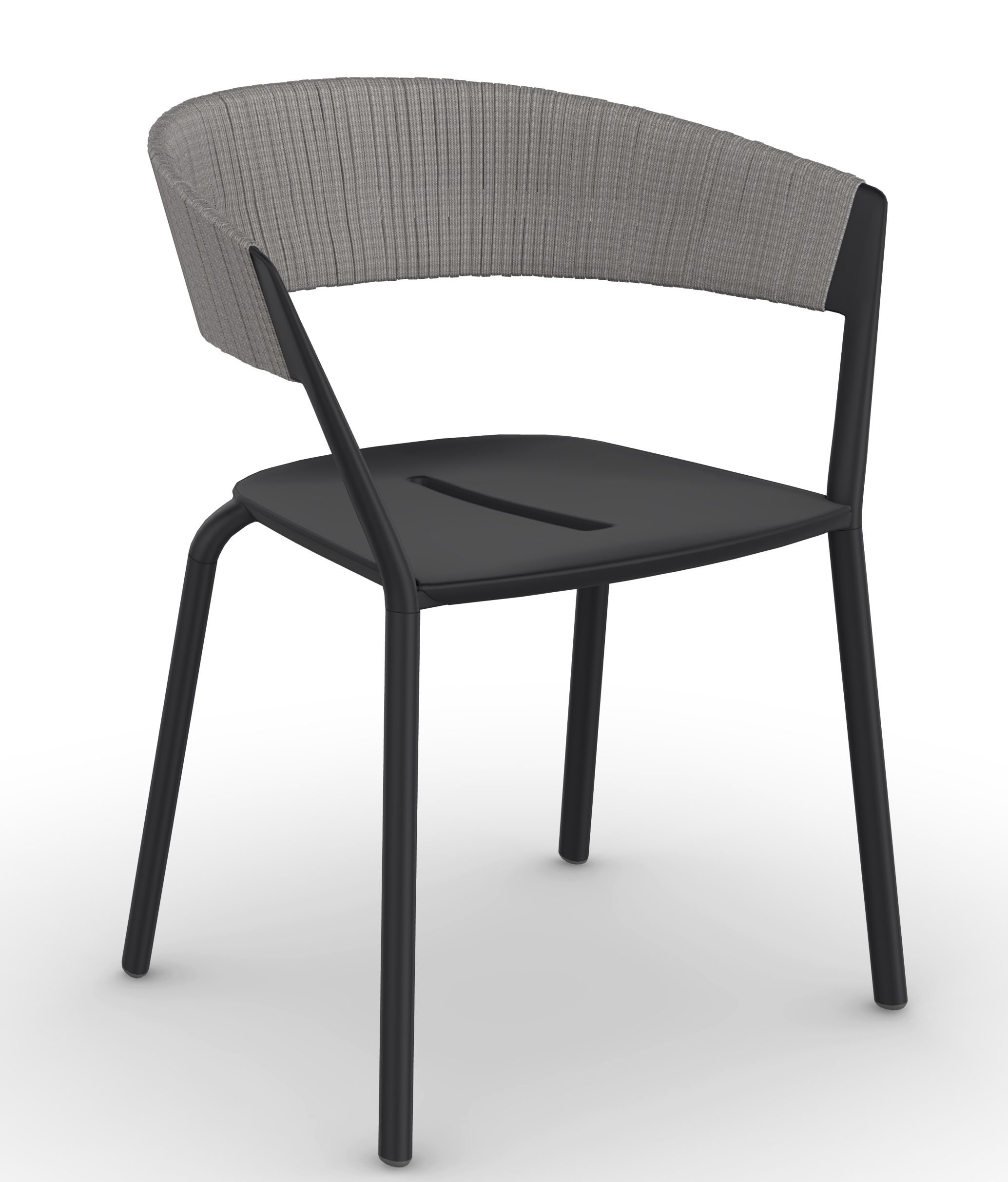 Schwarzer Ria Stuhl mit grauem, gewebtem Rückenteil für Esszimmer und Wohnbereich.