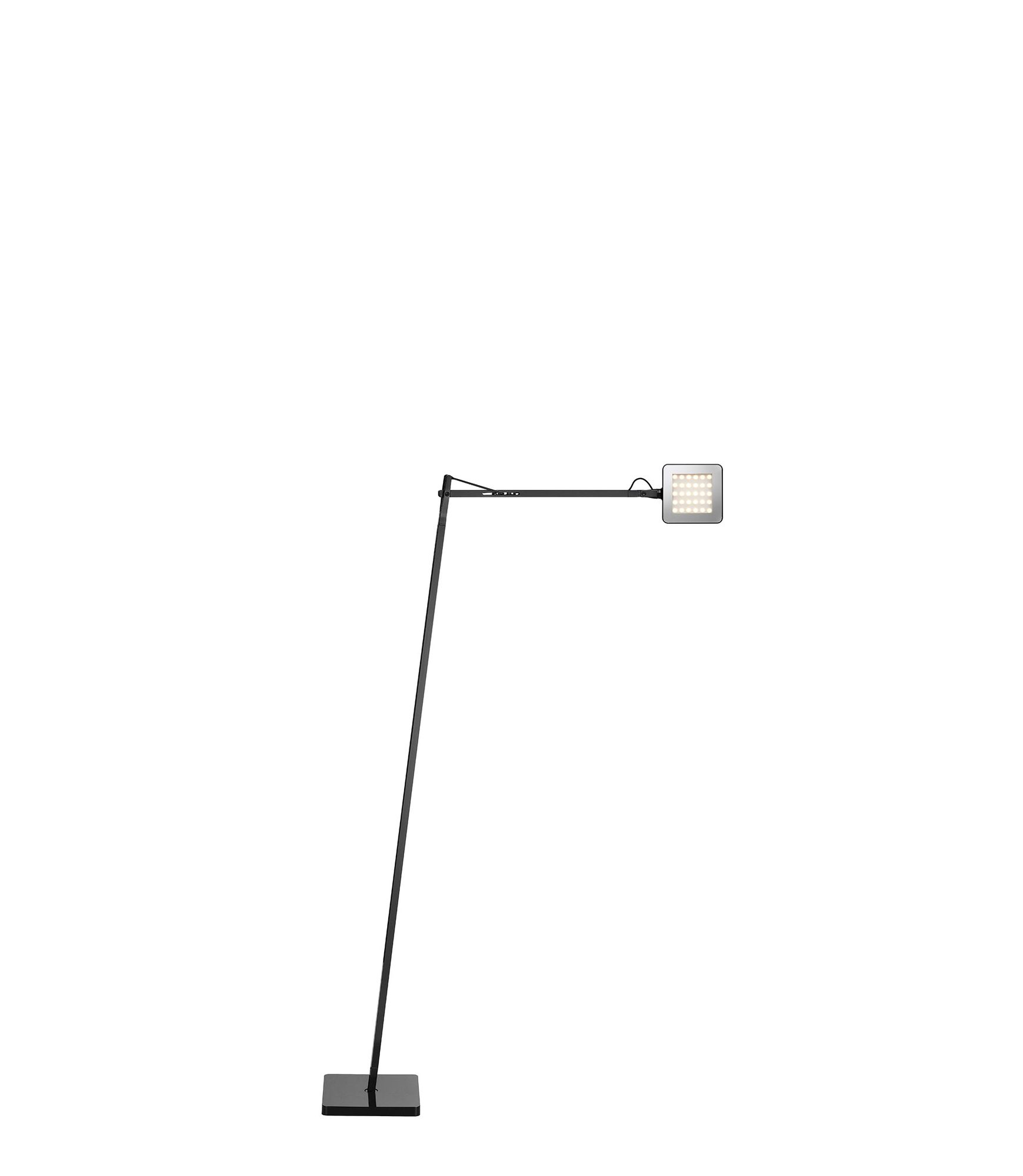 Schwarze Kelvin LED Stehleuchte von Flos mit verstellbarem Arm und quadratischem Leuchtenkopf.