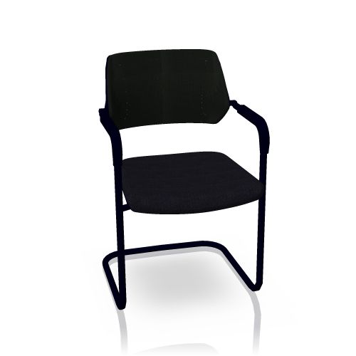 Schwarzer QiVi Freischwinger von Steelcase mit Armlehnen und gepolsterter Rückenlehne für Konferenzräume und Büros.