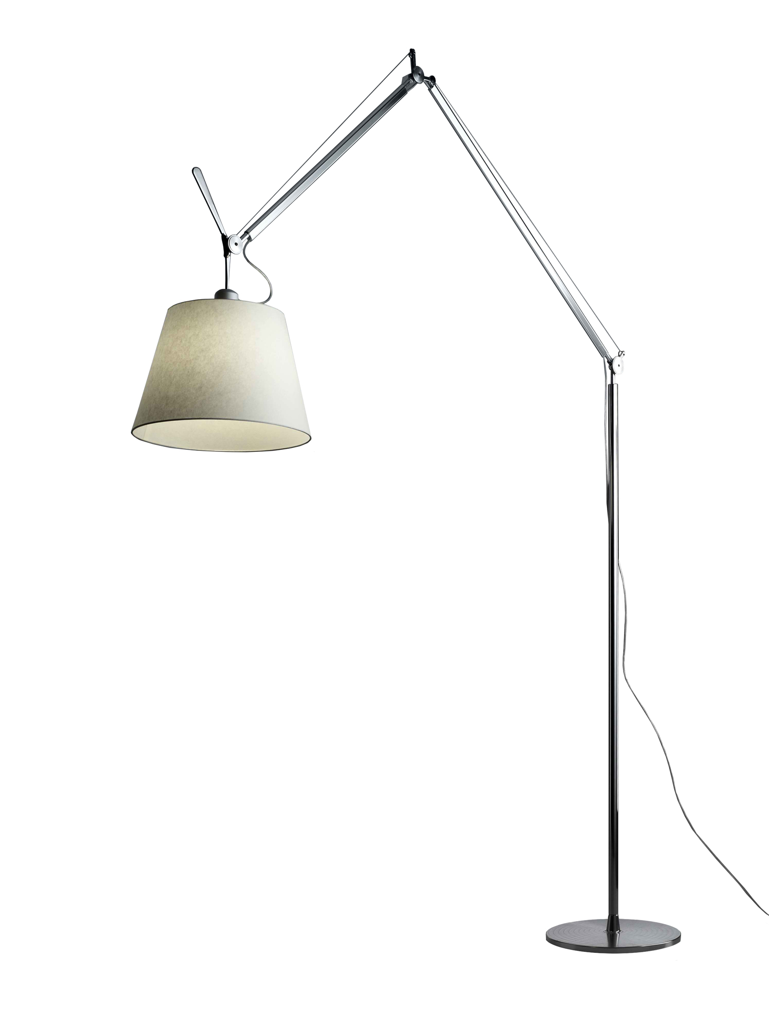 Artemide Tolomeo Mega LED Stehleuchte aus Aluminium mit Stoffschirm und Dimmer am Kopf.