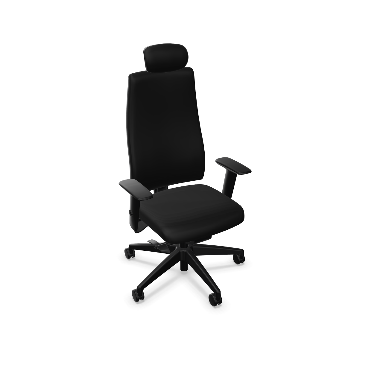 Schwarzer Goal Drehstuhl von Interstuhl mit hoher Rückenlehne und Kopfstütze. Bürostuhl für ergonomisches Sitzen.