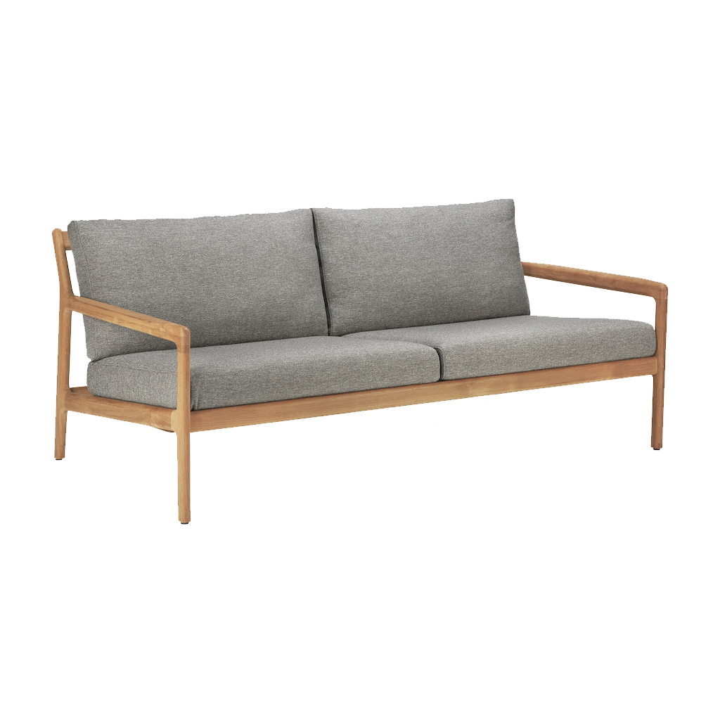 Jack Outdoor Sofa: Ethnicraft 2-Sitzer Sofa aus Teakholz mit grauen Kissen für den Außenbereich.