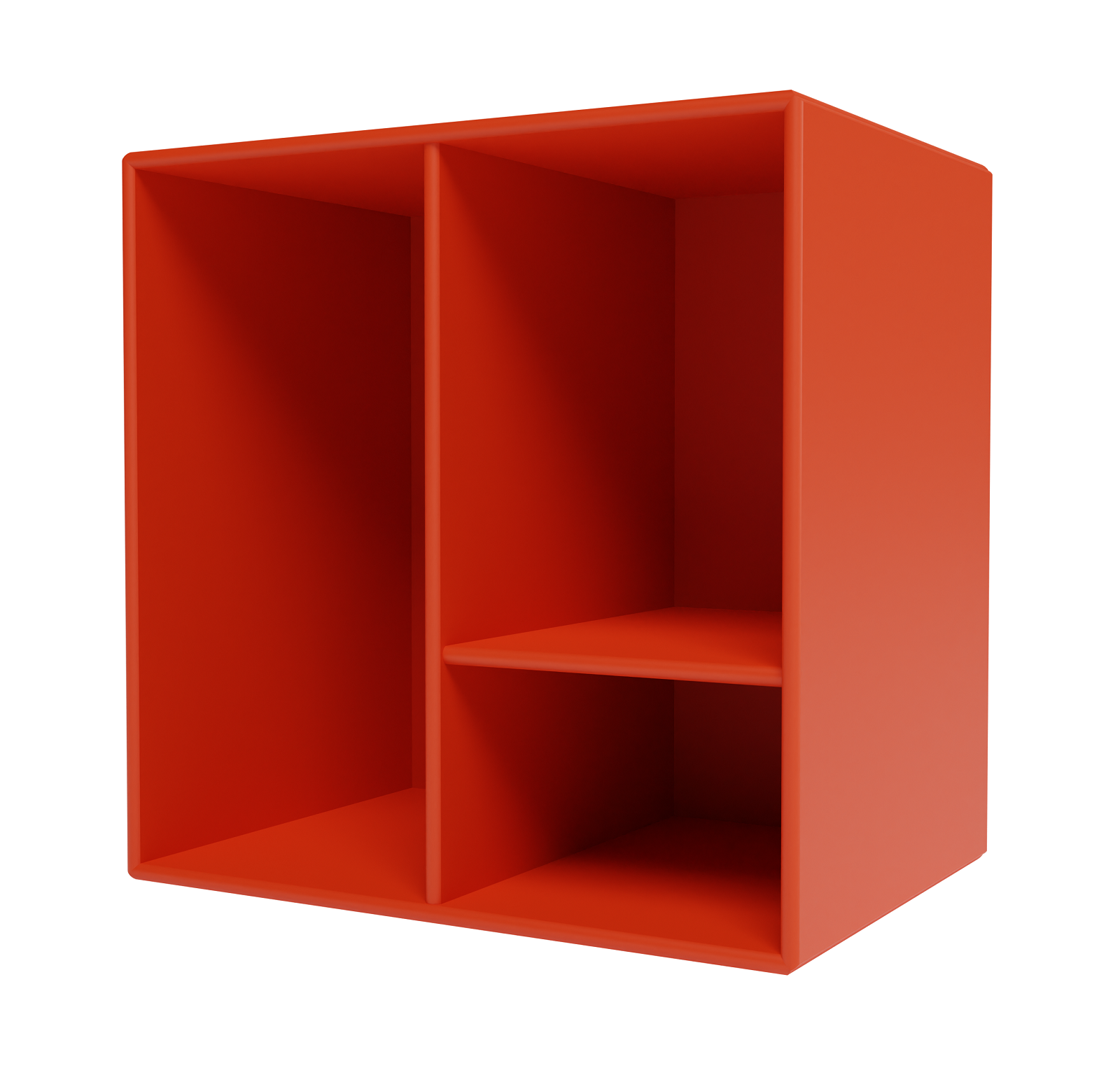 Rotes Montana Mini Modul mit Regalböden, ein vielseitiges Möbelstück für stilvolle Aufbewahrung.