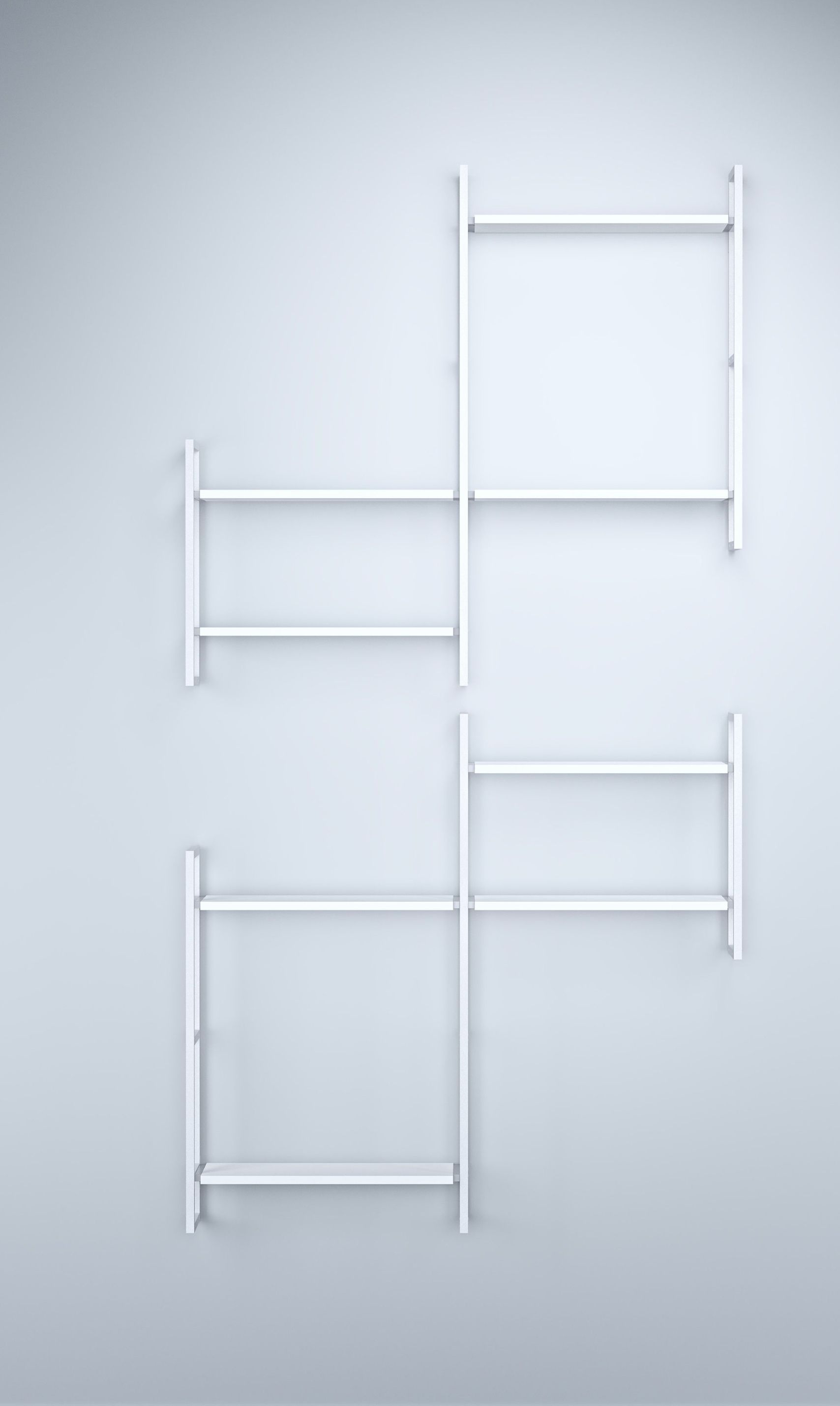 Weißes Oncono Wandregal Grundmodul D, modernes Regalsystem für die Wandmontage, minimalistisches Design.