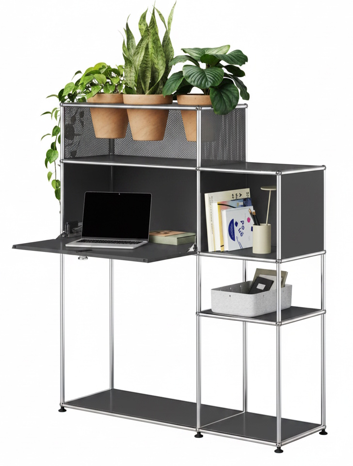 Home Office mit Pflanzenelement USM Haller Anthrazitgrau