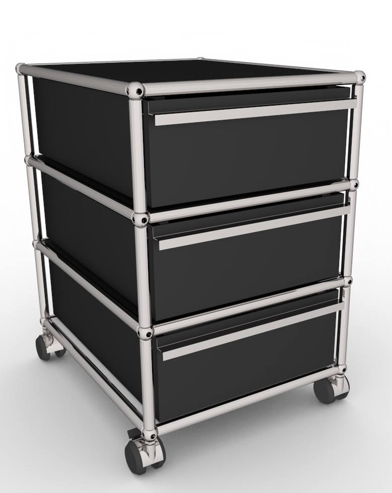 Schwarzer USM Rollcontainer mit drei Schubladen und Lederauflage für stilvolle Büroorganisation.