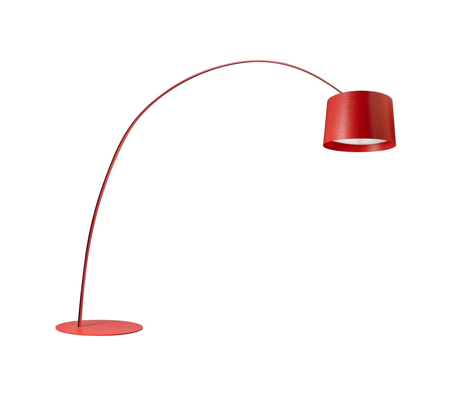 Purpurrote Twice as Twiggy Stehleuchte von Foscarini mit gebogenem Lampenarm und zylindrischem Lampenschirm.