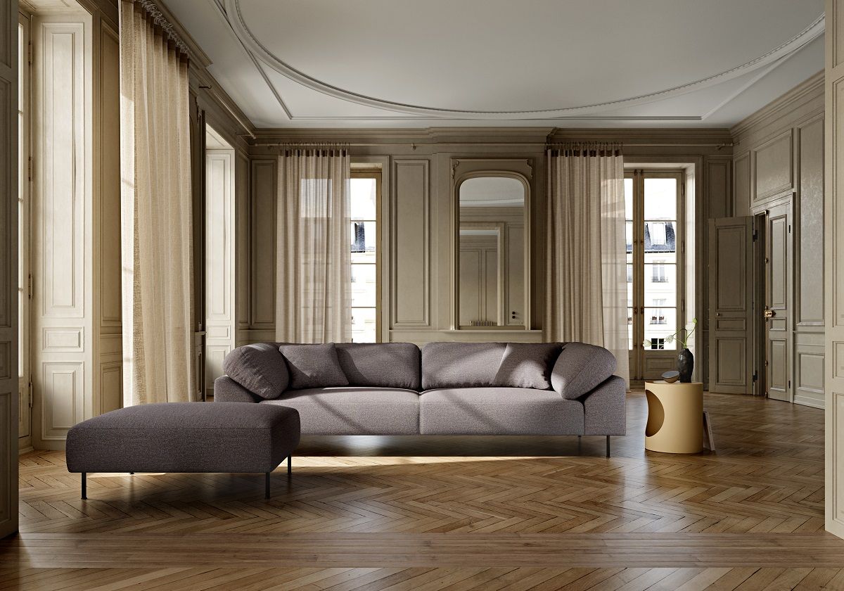 Tabl / Hidn Side Table von Woud, grau-beige, neben einem modernen Sofa in einem eleganten Wohnzimmer.