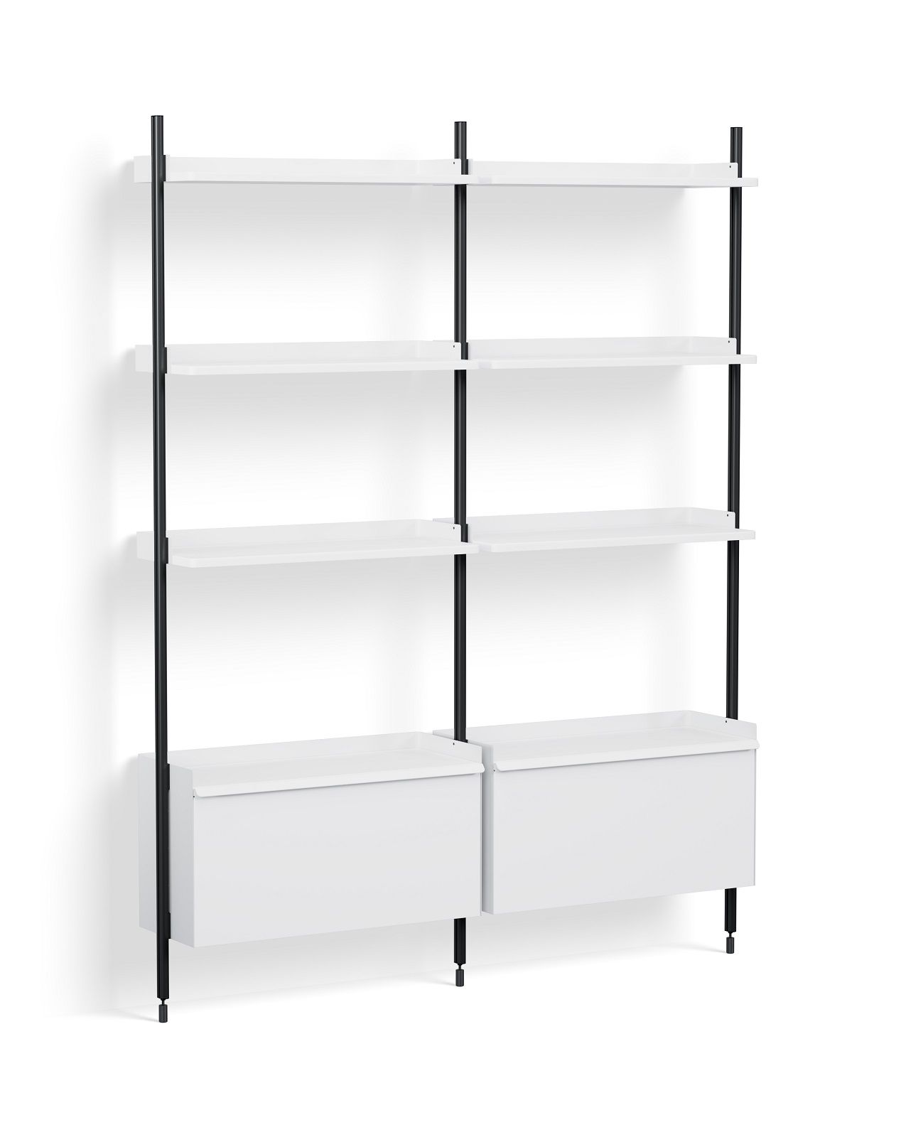 Weißes Hay Pier System Regal mit zwei Säulen und schwarzen Streben.