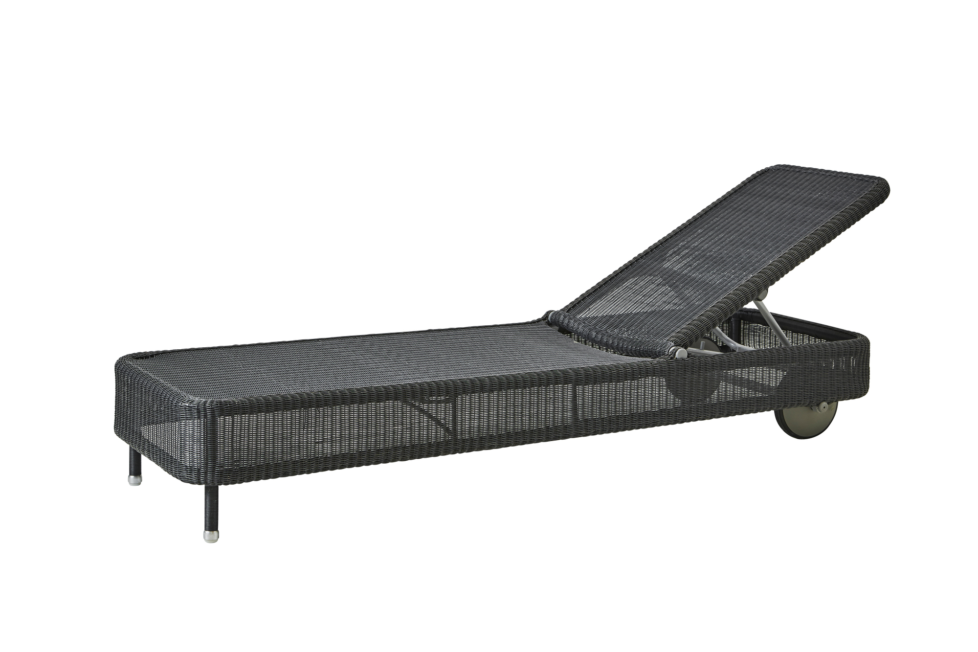 Presley Sonnenliege von Cane-Line in Graphit: Moderne Outdoor Liege mit Rädern und verstellbarer Rückenlehne.