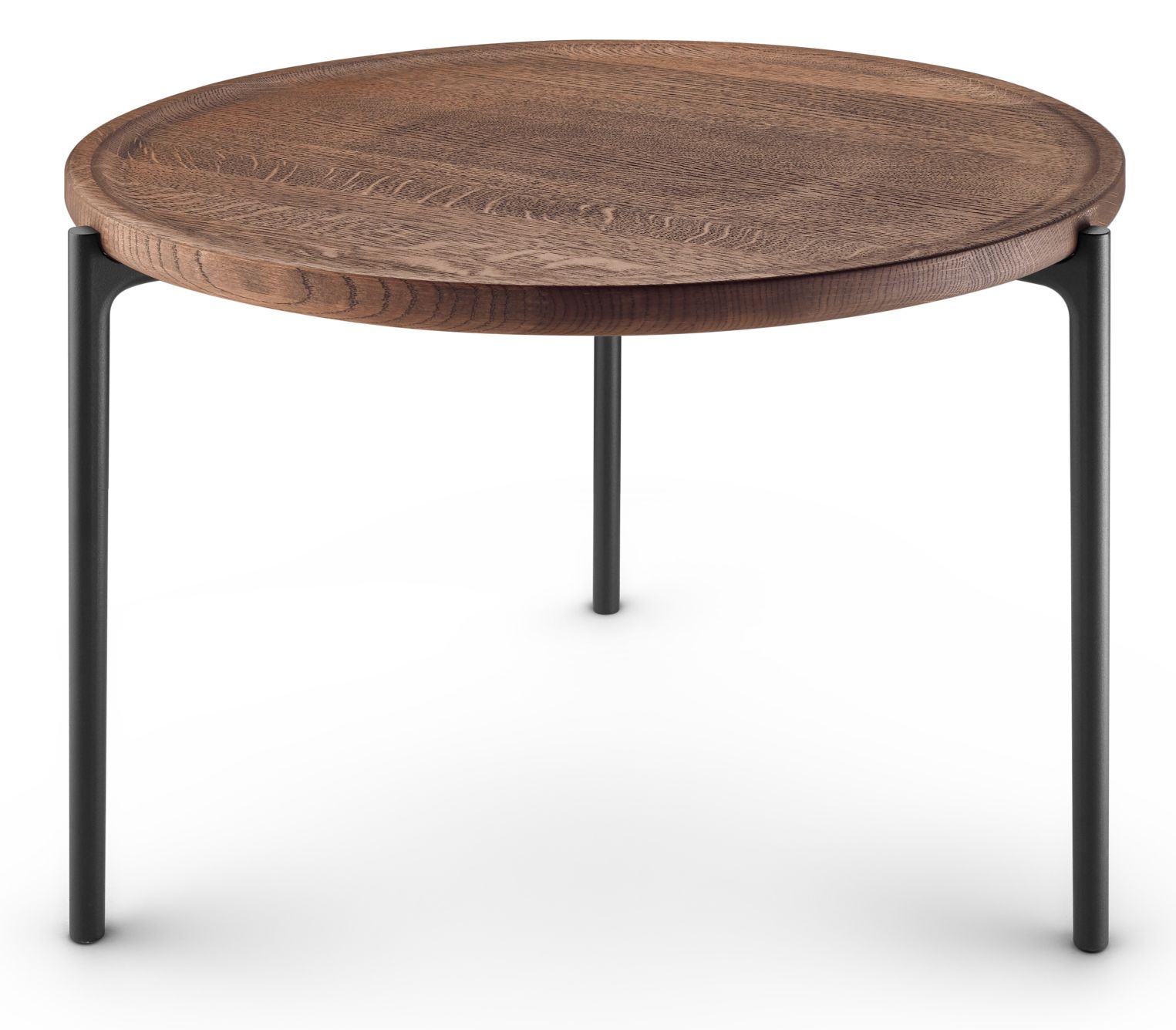 Savoye Tisch: Runder Couchtisch aus geräucherter Eiche mit schwarzen Metallbeinen von Eva Solo.