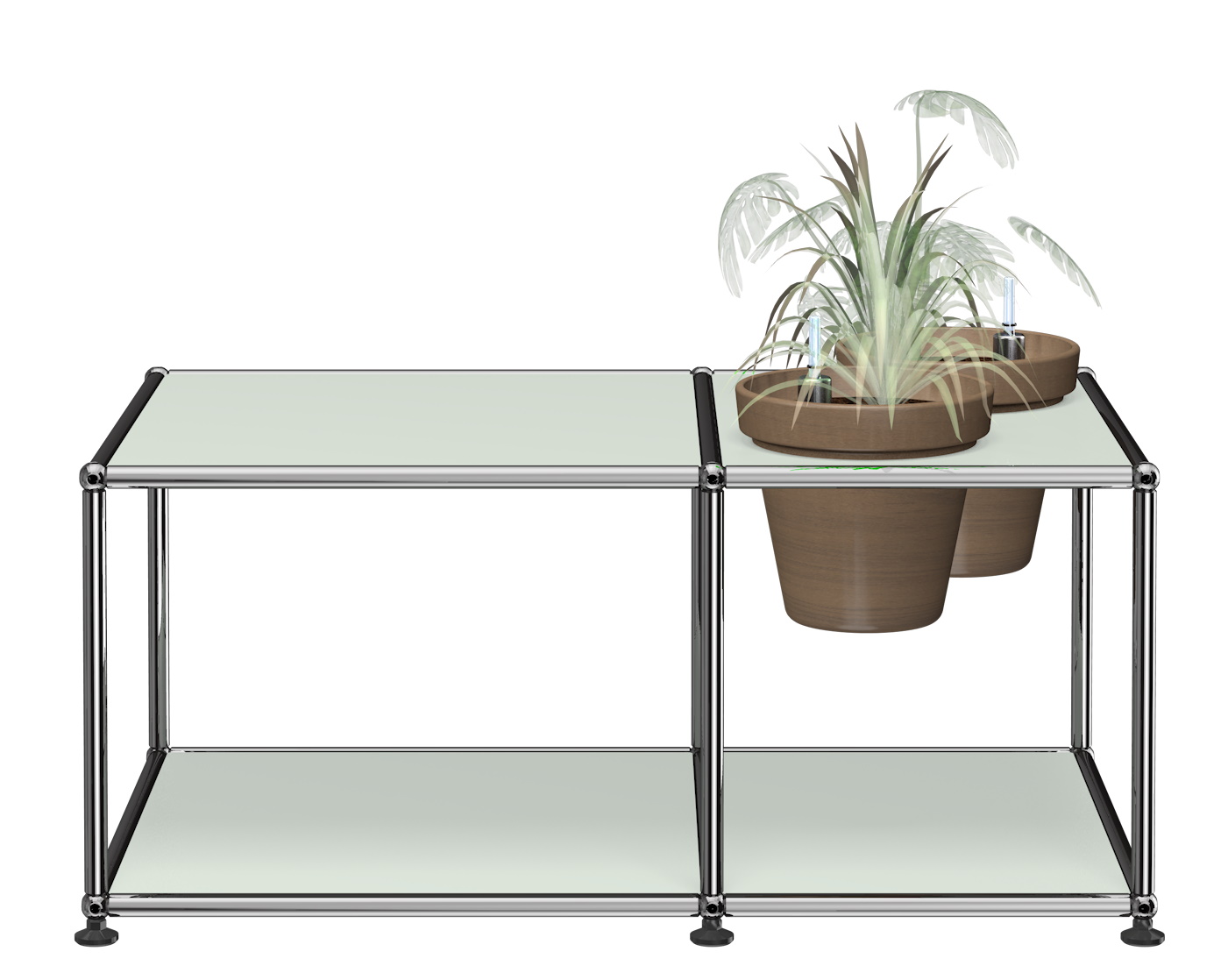 Pflanzenwelten Beistelltisch USM Haller in Lichtgrau mit zwei Pflanzen auf der Oberfläche. Moderner Beistelltisch für Wohnraum.