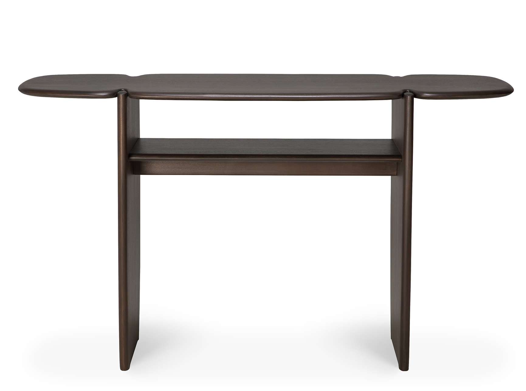 Ethnicraft PI Konsole aus Mahagoni in Dunkelbraun, schlankes Design mit Ablagefläche.