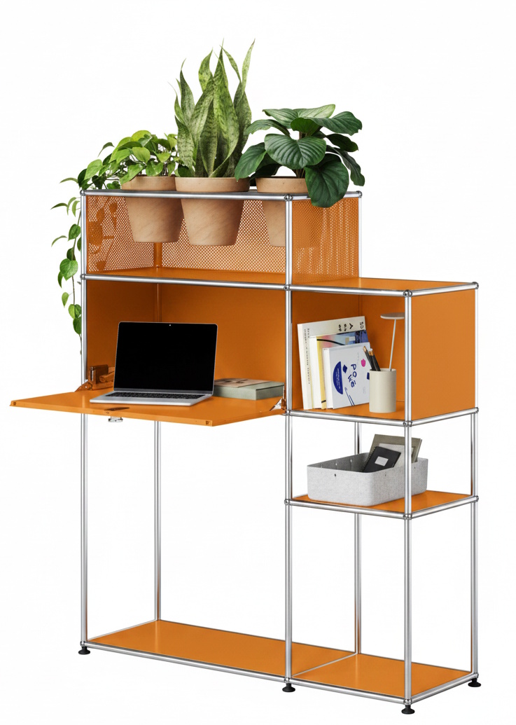 Home Office mit Pflanzenelement USM Haller Reinorange
