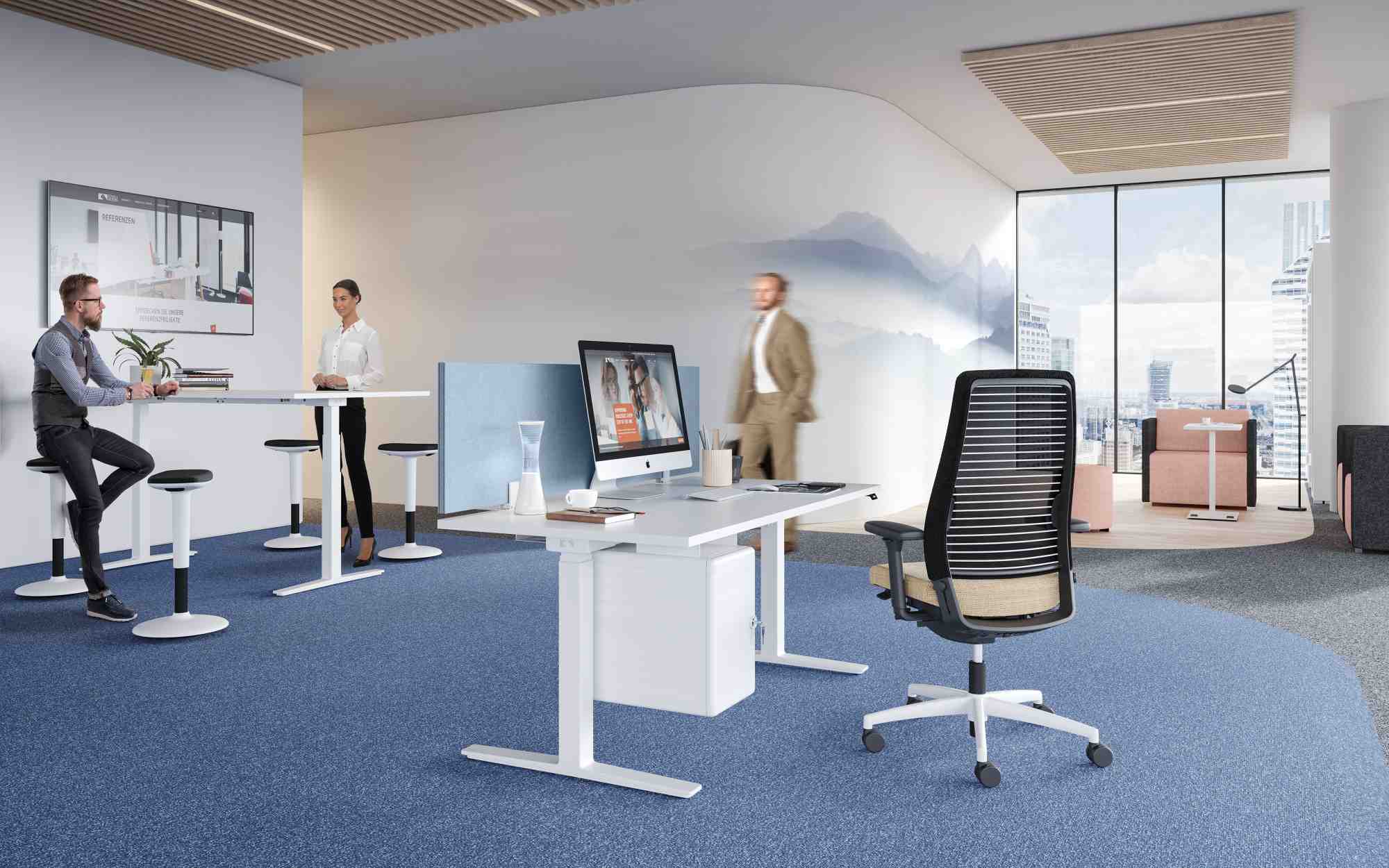 Büro mit Container von König und Neurath unter einem höhenverstellbaren Schreibtisch. Stauraum für Büromaterial.