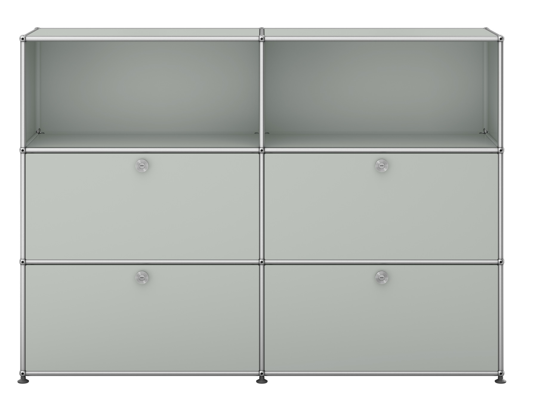 Lichtgraues USM Haller Sideboard mit vier Klappen und offenen Fächern, modernes modulares Designmöbel.