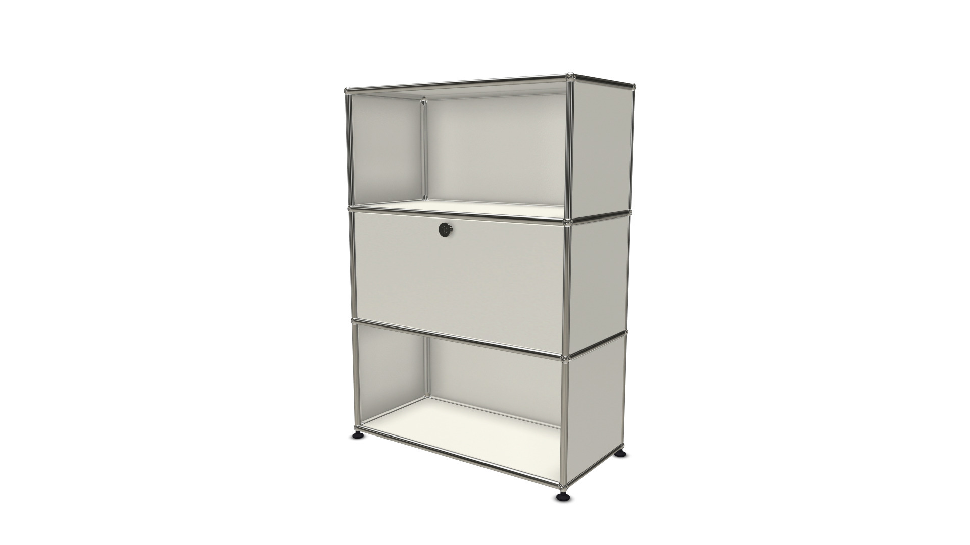 Weißes USM Haller Highboard mit einer Klappe, modernes Designmöbel für Büro und Wohnraum.