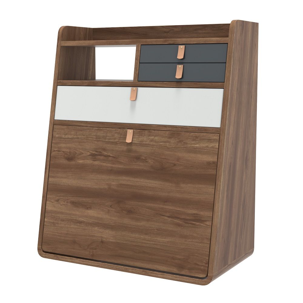 Gaston Wandsekretär von Hartô in Walnuss mit Schubladen und Ledergriffen für das Homeoffice.