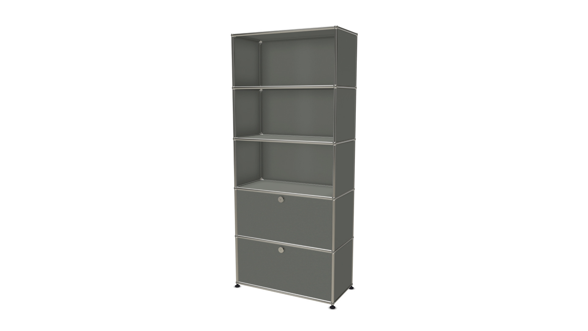 USM Haller Regal in Mittelgrau mit zwei Klappen und offenen Fächern, modernes Designmöbel.