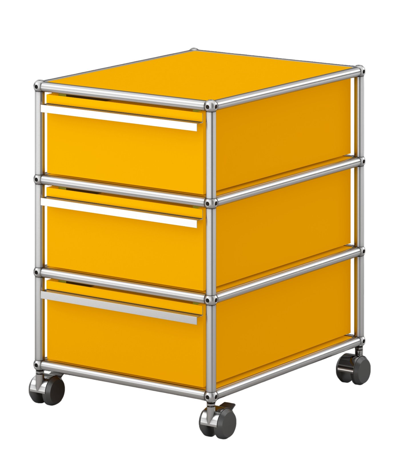 Goldgelber USM Haller Rollcontainer mit drei Schubladen und silbernem Gestell auf Rollen.