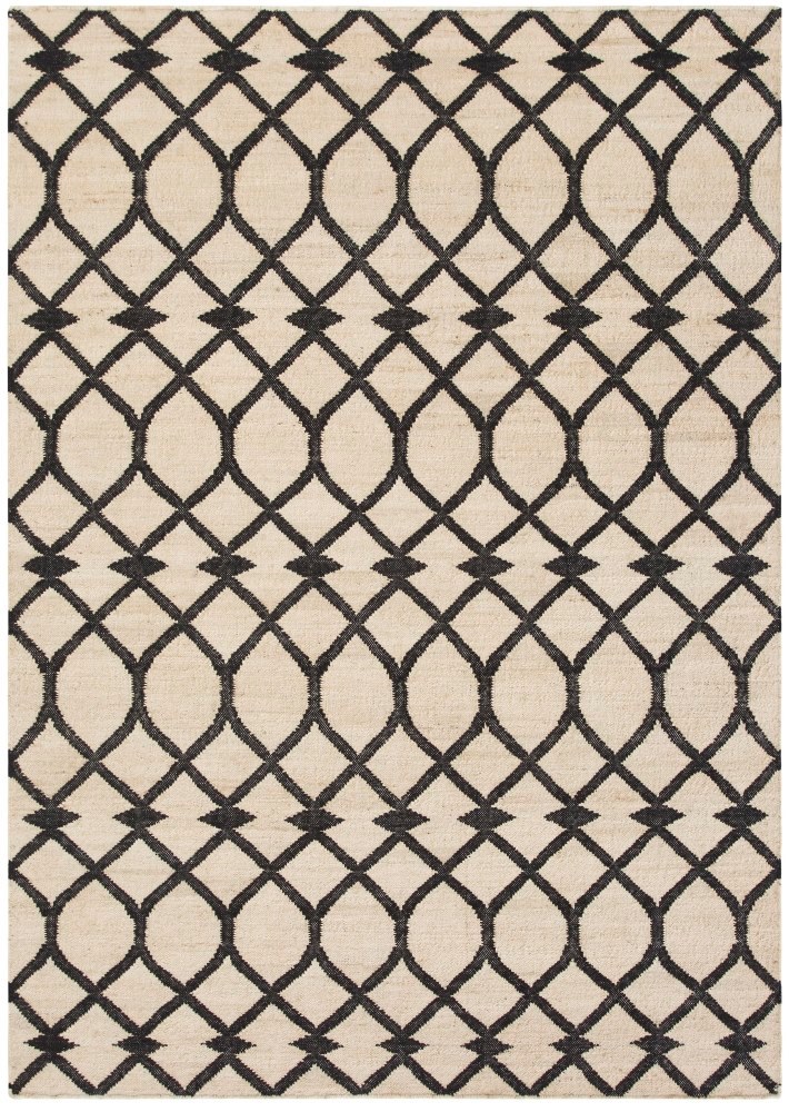 Kilim Teppich mit schwarzem, geometrischem Muster auf beigem Grund. Moderner Teppich für Wohnzimmer.