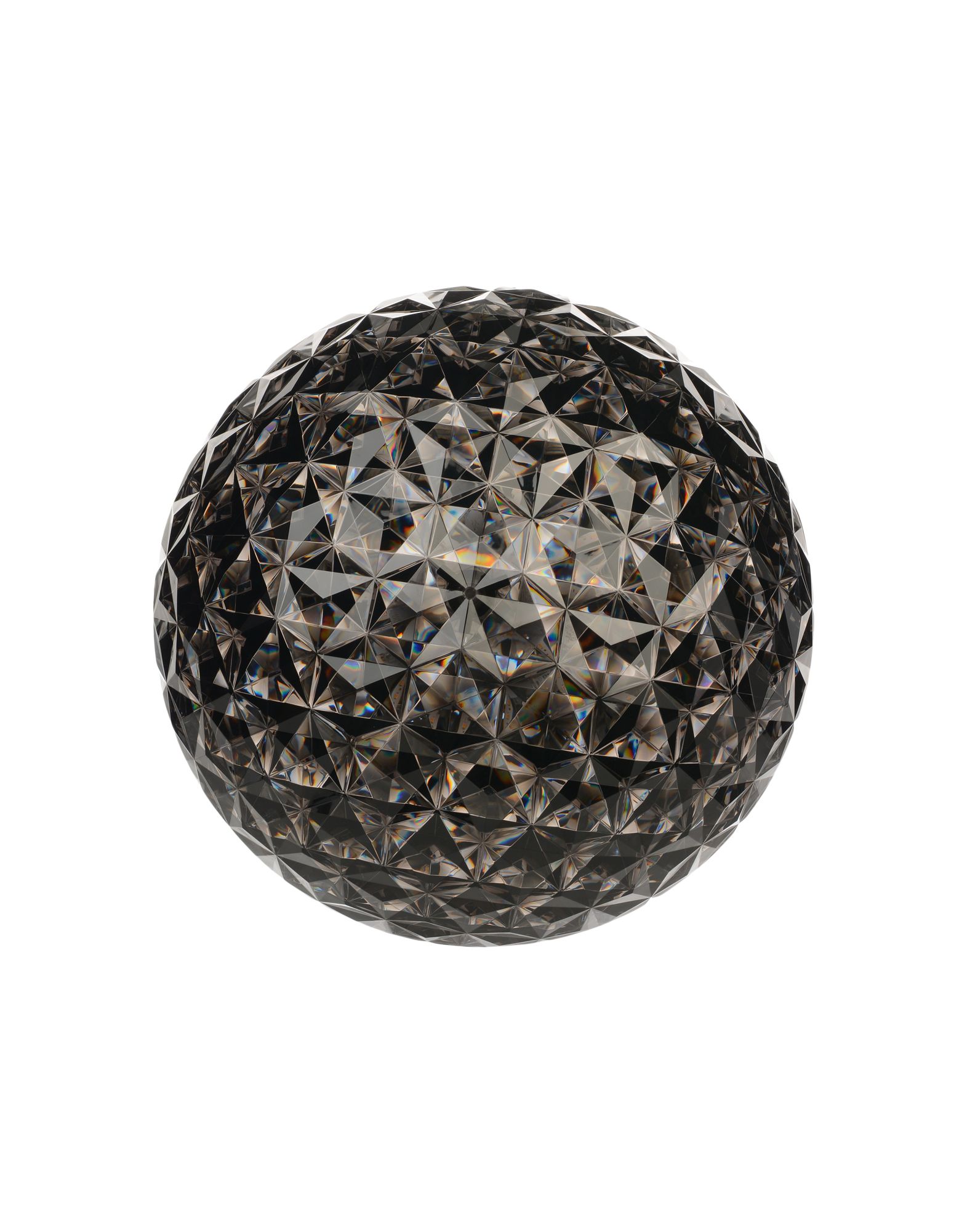 Planet Stehleuchte LED von Kartell, rauchfarbene Kugel mit facettenreicher Oberfläche. Designleuchte für Wohnraum.