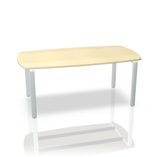 Pensum Besprechungstisch von Palmberg mit ellipsenförmiger, heller Tischplatte und silbernen Beinen. Büromöbel für Konferenzräume.