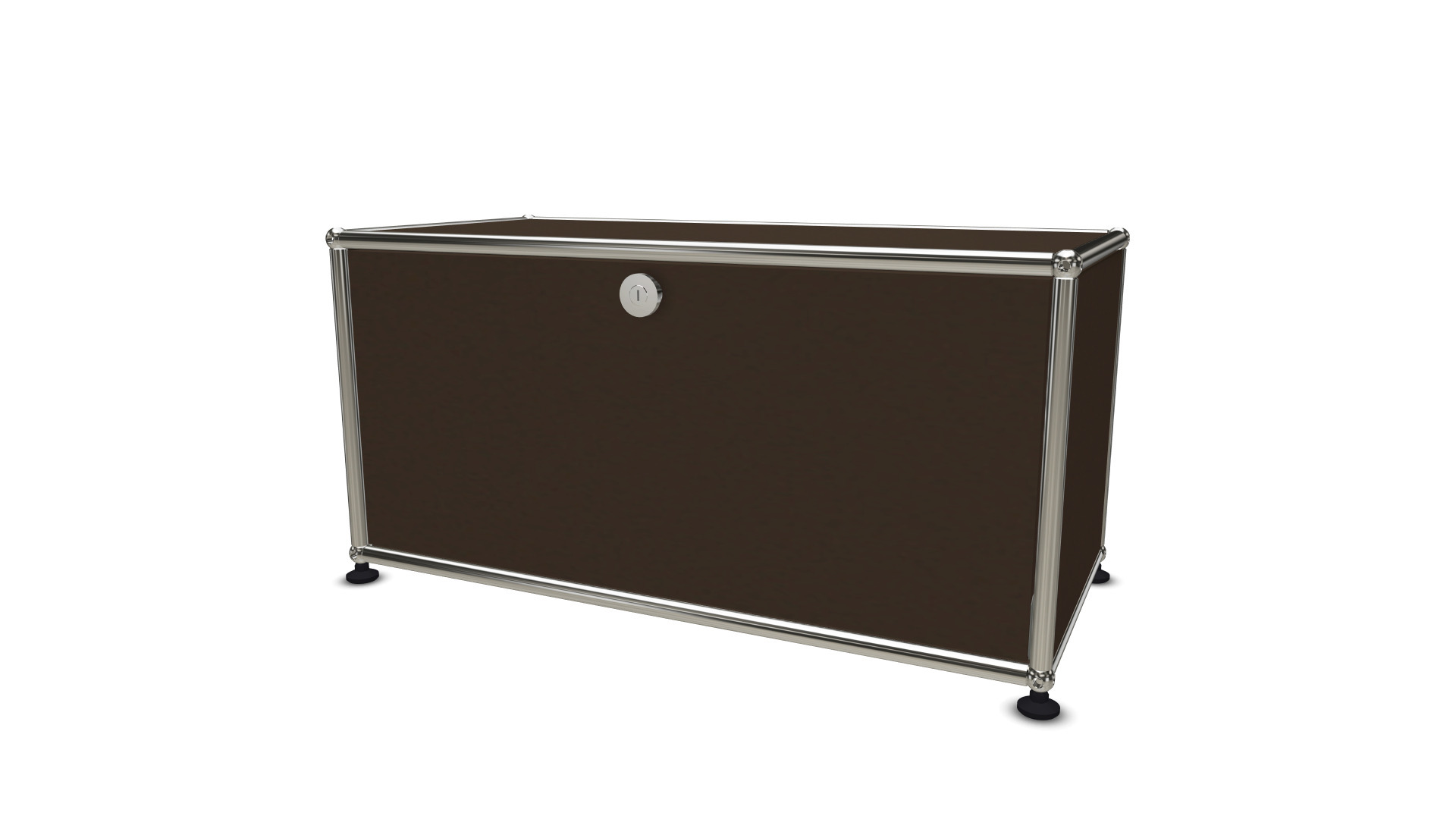 USM Haller Lowboard in Braun mit einer Klappe, modernes Möbeldesign für Wohnzimmer und Büro.