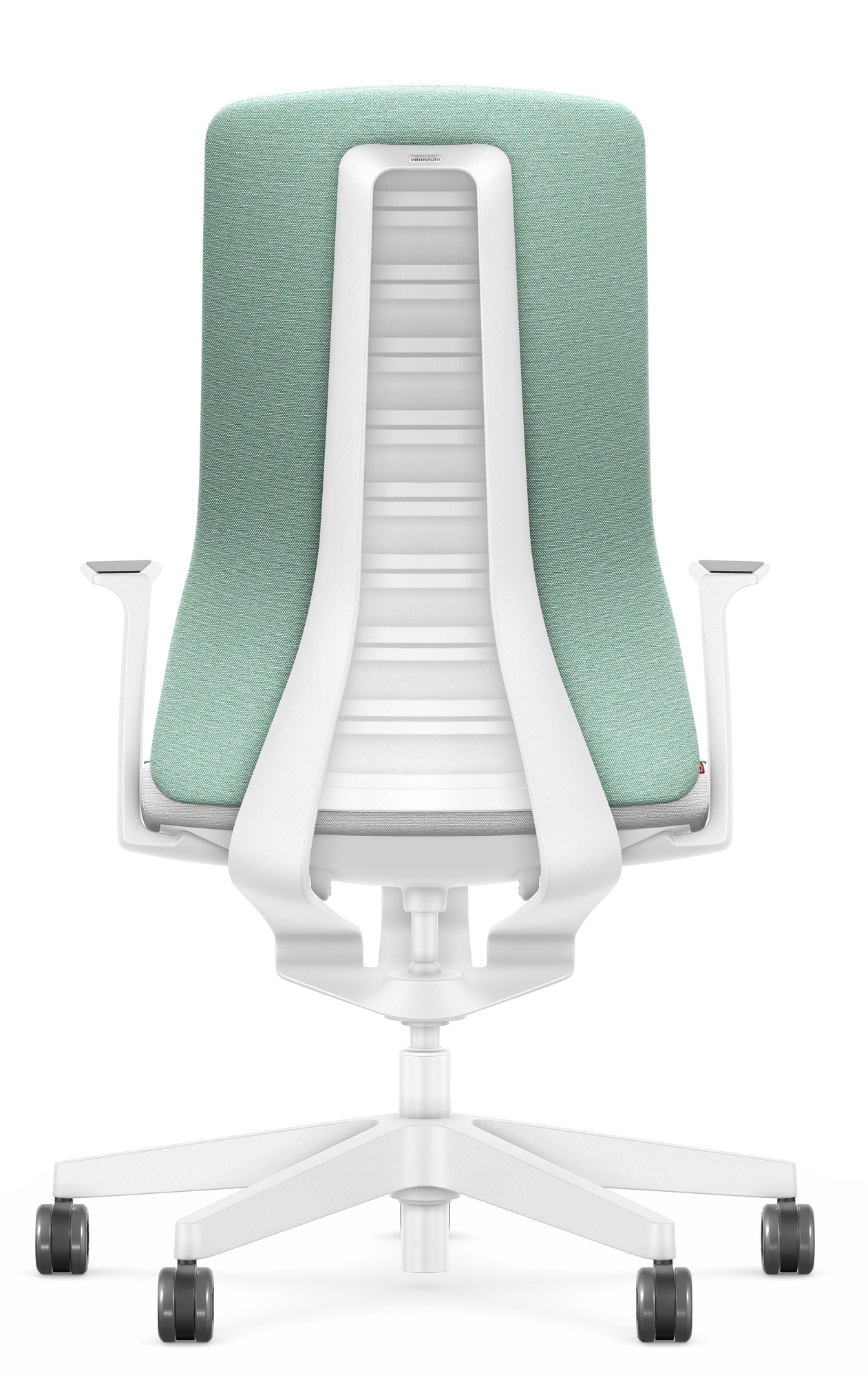 Rückansicht Interstuhl Bürostuhl Pure Edition in Türkis mit weißem Gestell und Rollen.