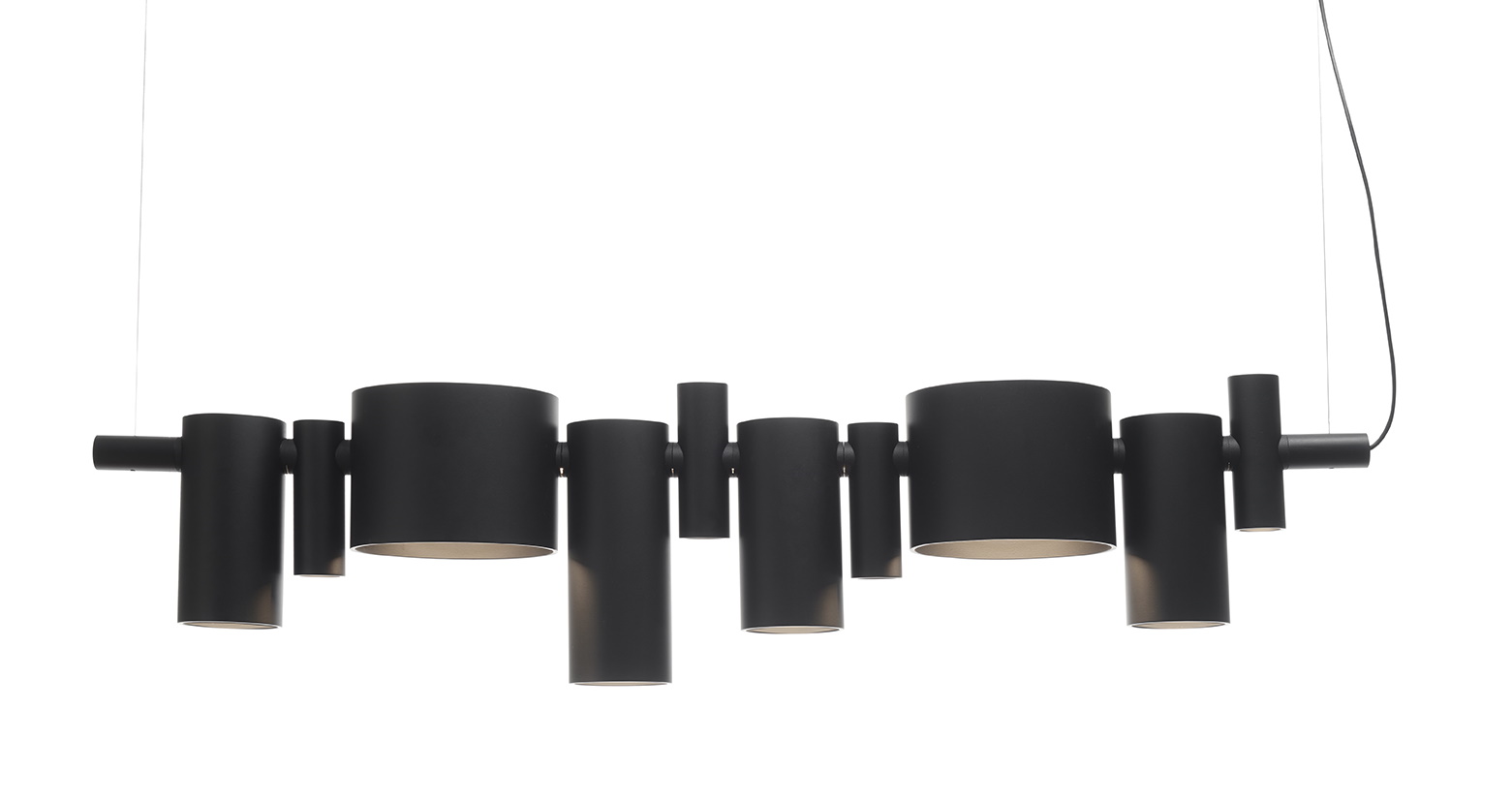 Dancing Queen Hängeleuchte von Oluce: Schwarze, moderne Pendelleuchte mit zylindrischen Lampenschirmen für Wohnzimmer und Esszimmer.