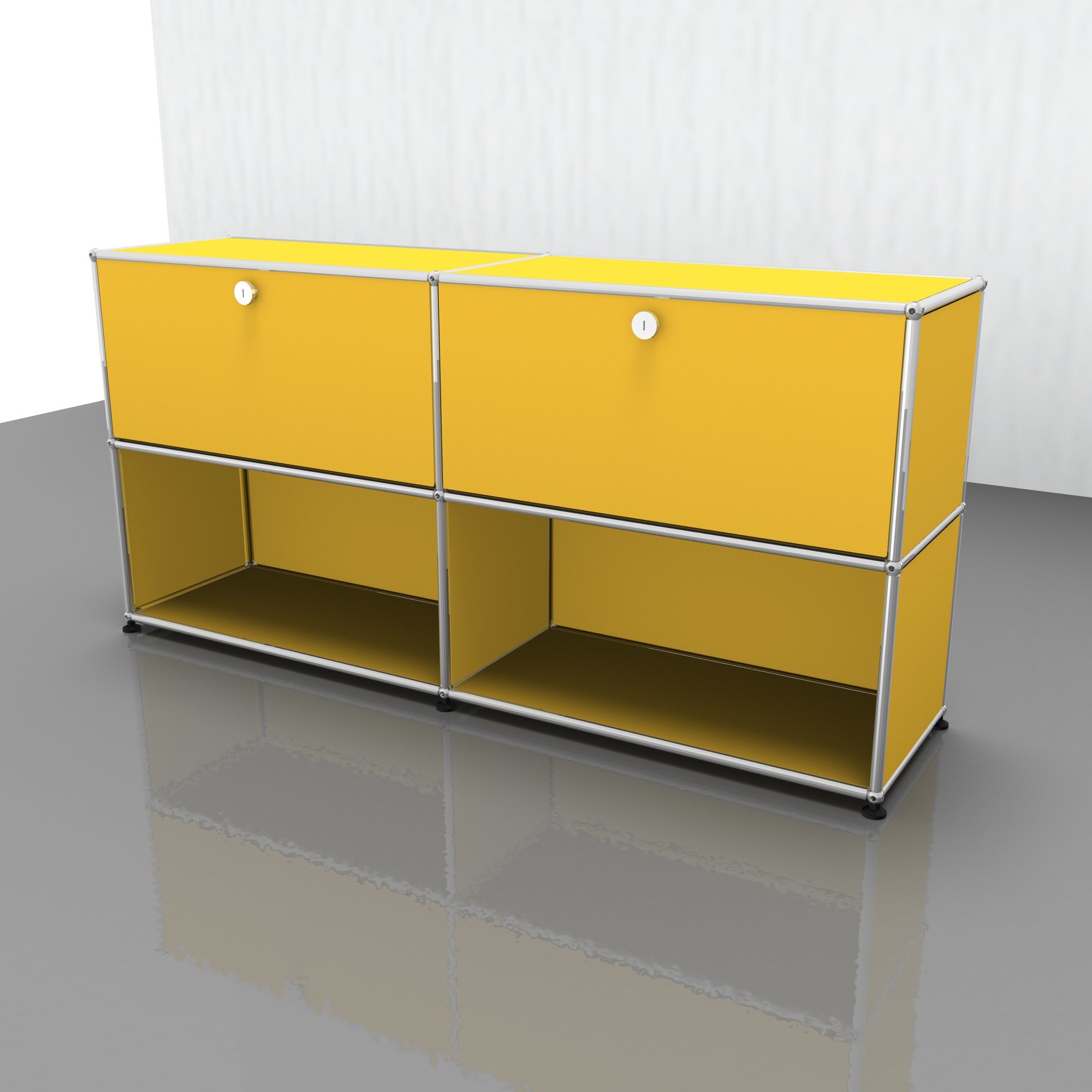 USM Haller Sideboard in Goldgelb mit zwei Klappen und offenen Fächern, modernes Designmöbel.