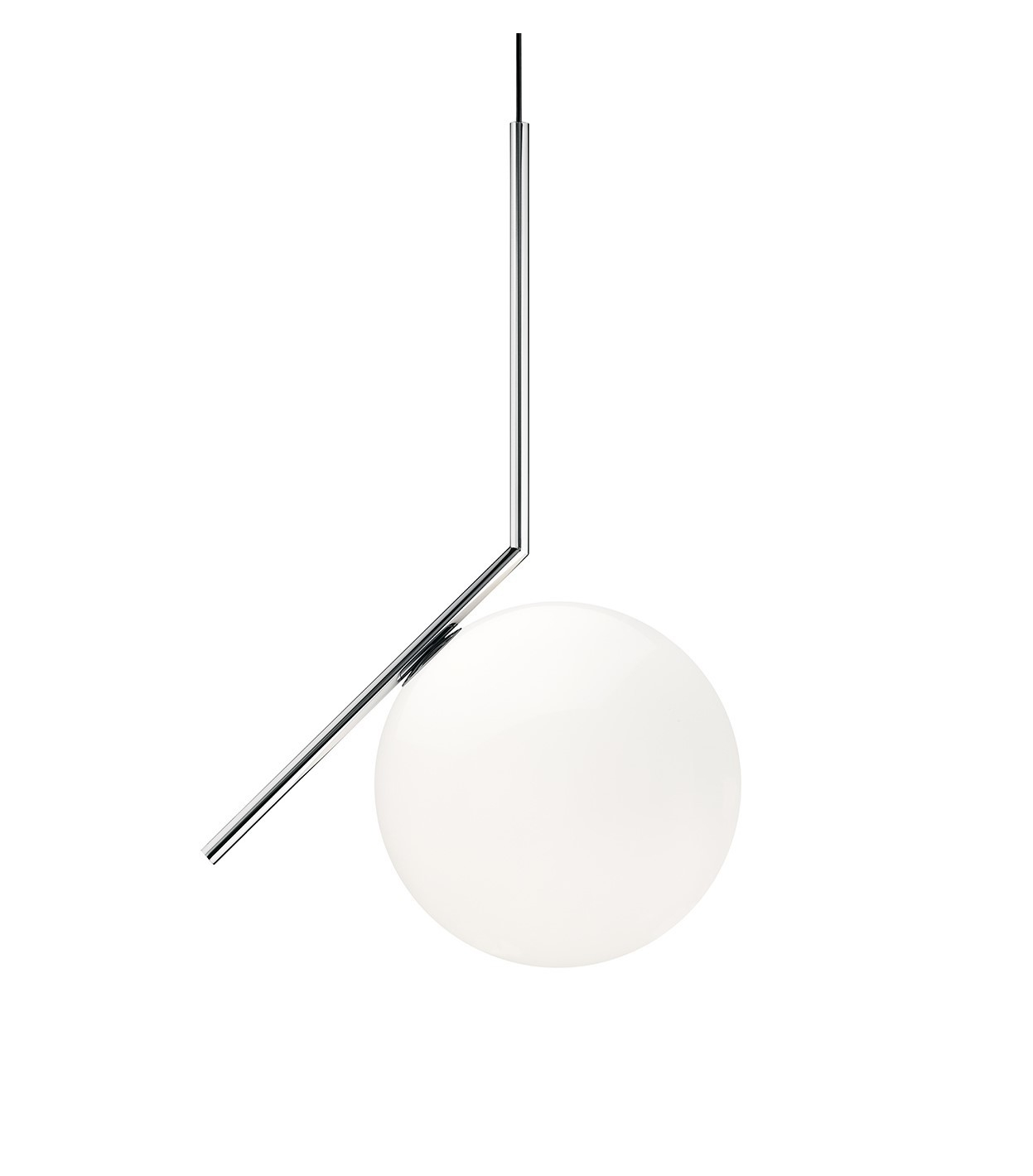 IC Lights Pendelleuchte: Moderne Hängelampe mit chromfarbenem Gestell und weißem Opalglas-Diffusor.