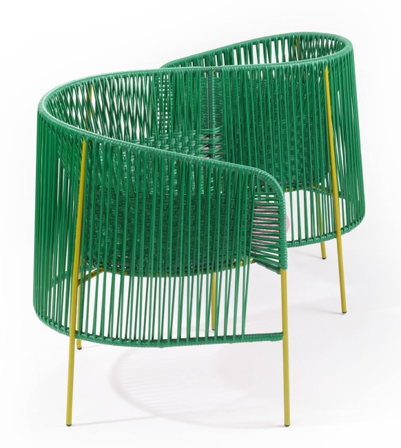 Caribe Vis a Vis Bench Bank Outdoor ames Smaragdgrün / Kaugummirosa / Currygelb