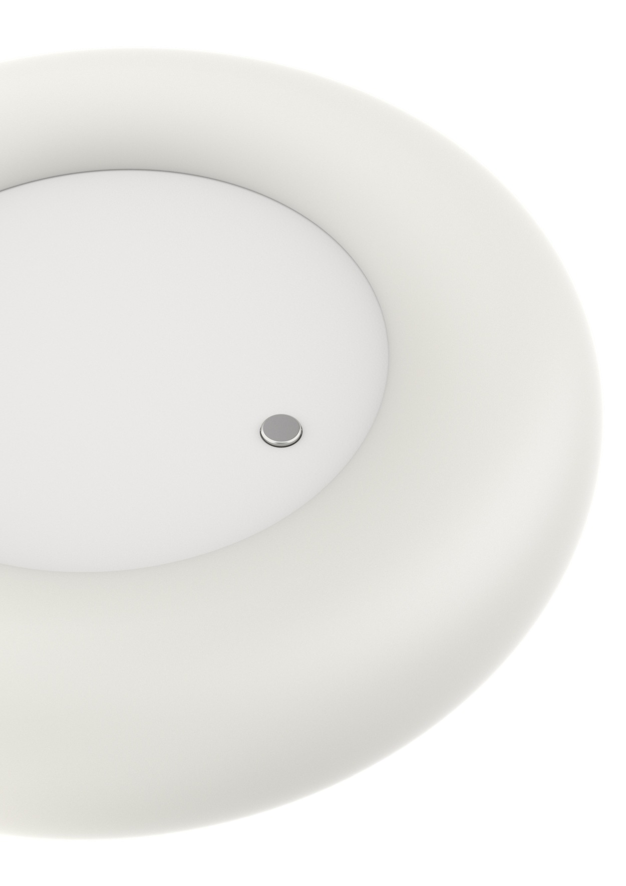Detailaufnahme des runden Fußes der weißen Oto Stehleuchte von Belux mit Schalter.