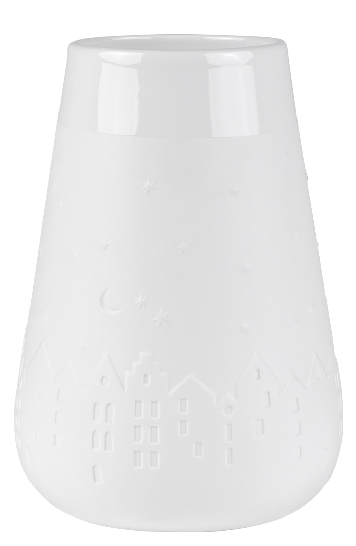 Weiße Poesie Vase "Winterstadt" von Räder mit geprägtem Winterstadt-Motiv, Sternen und Mond.
