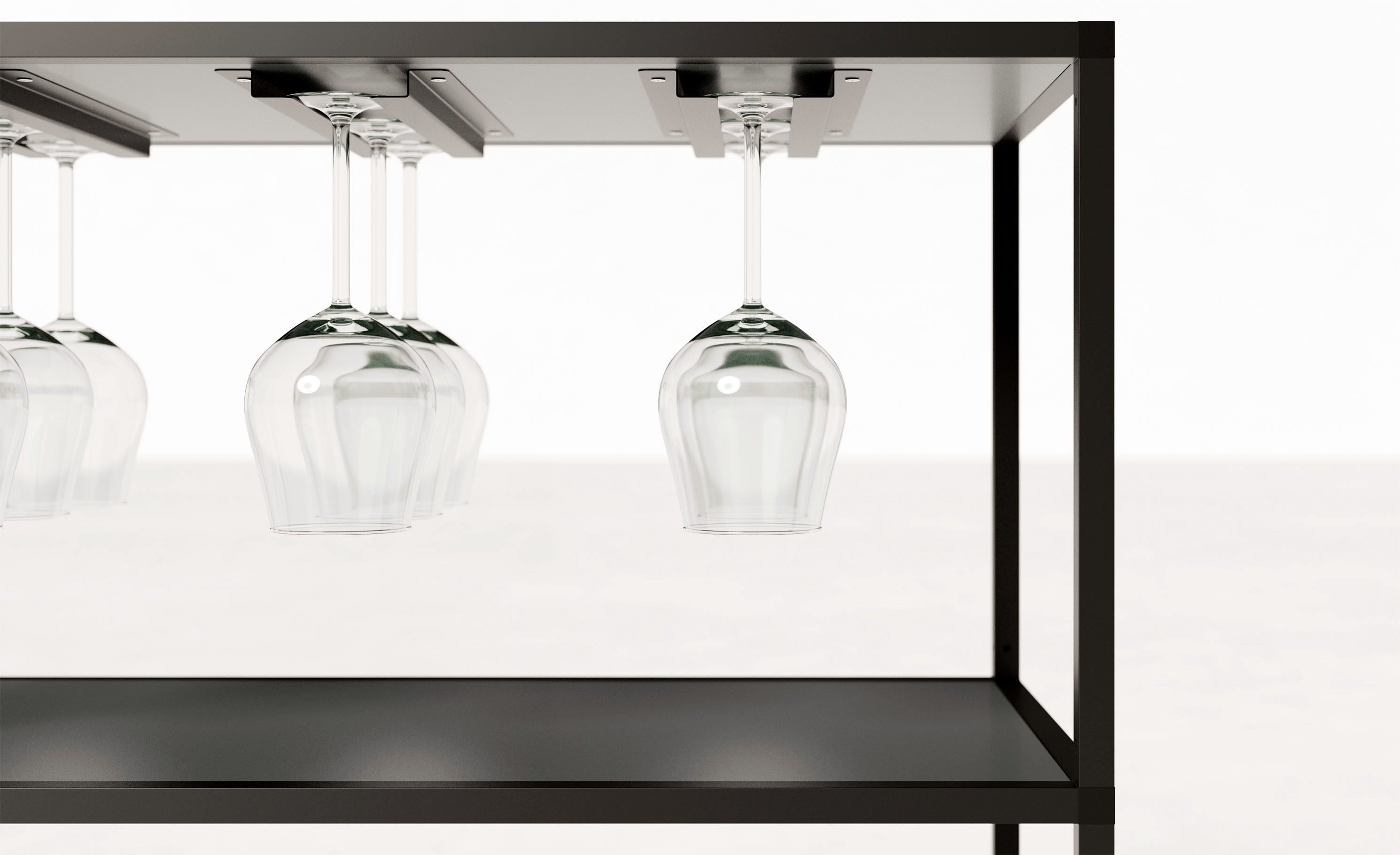 Schwarzes P4 Regal mit zwei Fächern und Gläserhalterung für Weingläser, modernes Möbeldesign.