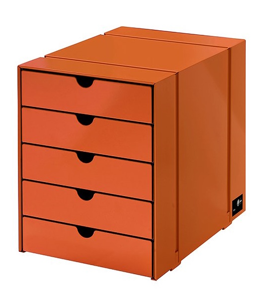 USM Haller Inos Kastenset C4 in Reinorange mit fünf geschlossenen Schalen für Büro und Zuhause.