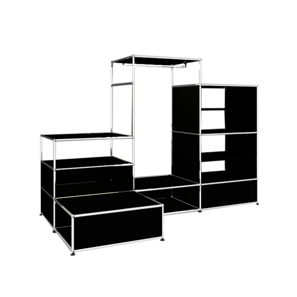 Graphitschwarze USM Haller Garderobe mit Beleuchtung, modulares Regalsystem für Flur und Eingangsbereich.