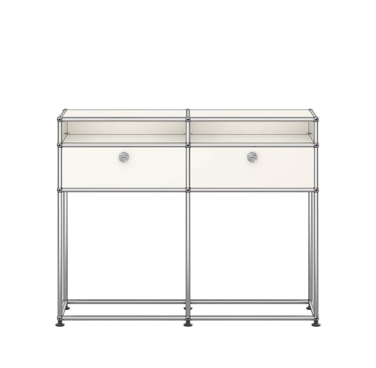 USM Haller Sideboard in Reinweiß mit zwei Schubladen und offenen Fächern, modernes Designmöbel.